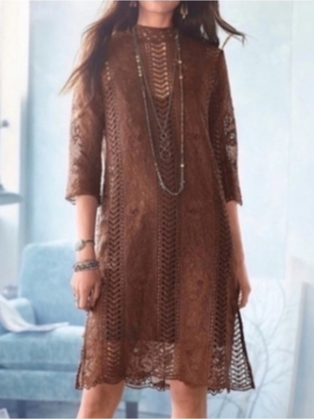 Sundance Brown Crochet Lace Midi Dress
